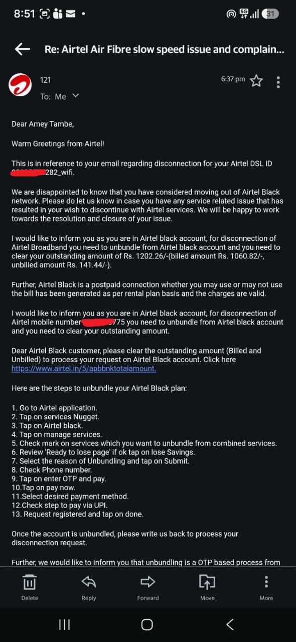 Airtel email stating that to disconnect you must clear an outstanding amount of Rs 1202.26 and complete a 13-step unbundling process