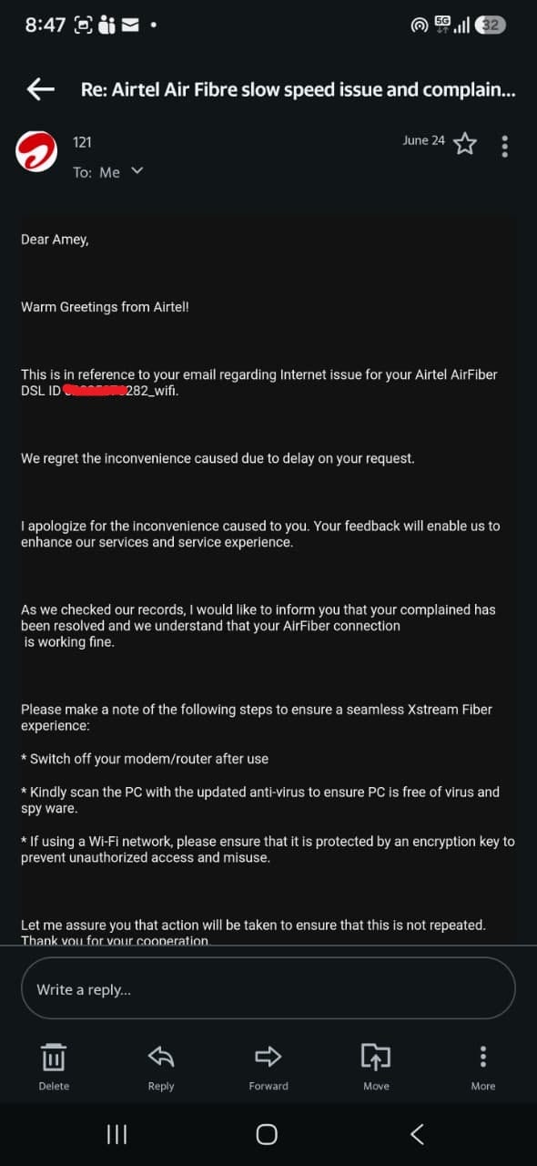 Airtel email claiming the complaint is resolved and the connection is working fine, advising to scan the PC for viruses