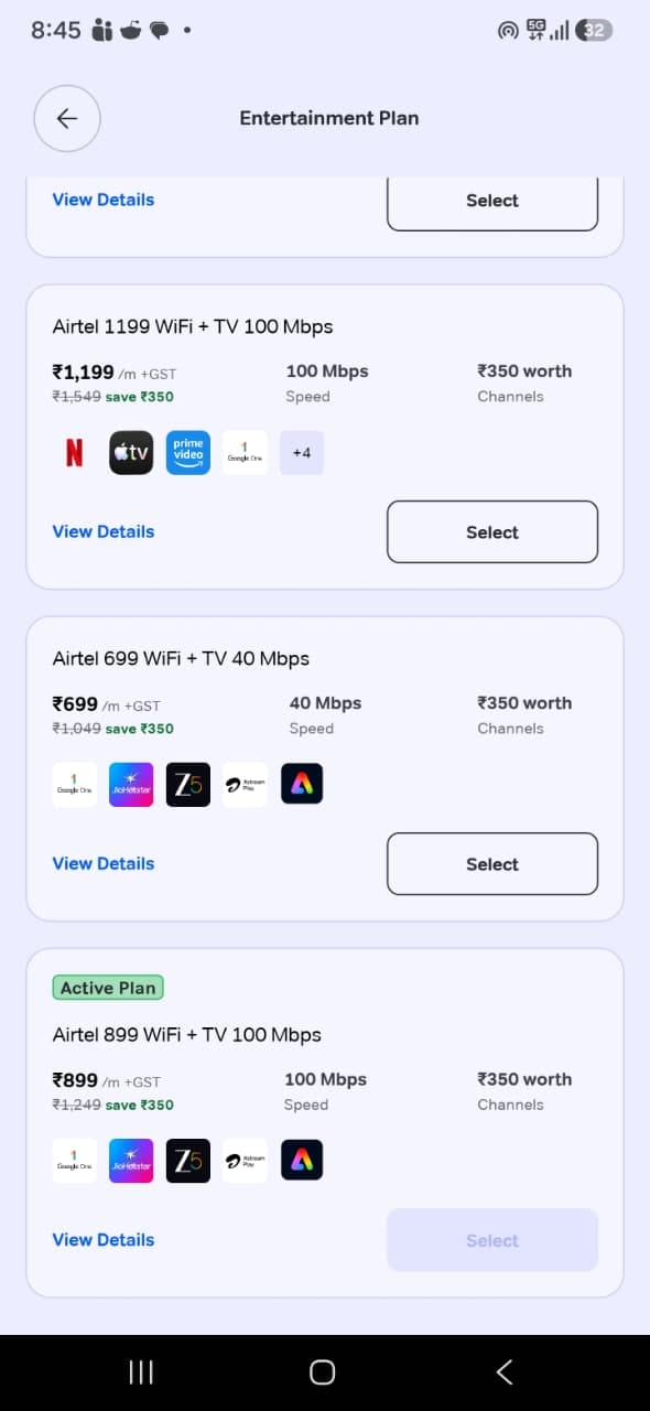 Airtel app showing the active plan: Airtel 899, WiFi plus TV, 100 Mbps speed